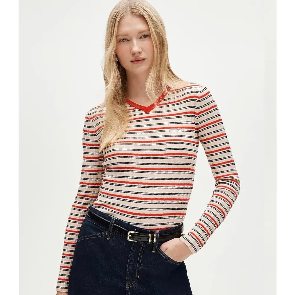 J. Crew Wide-rib high V-neck sweater striped merino wool Red Apricot NWT Small